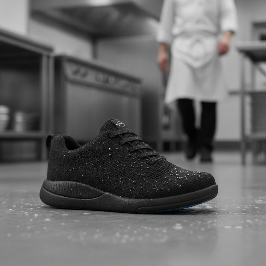Waterproof Black Textile Trainers for Long Hours on Feet