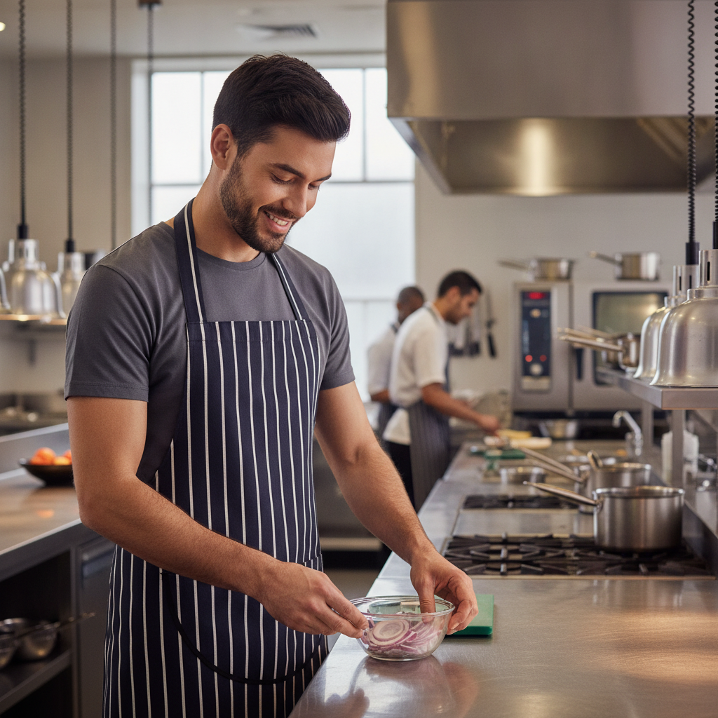 Polycotton Blue Butcher's Stripe Pocket Bib Apron for Kitchen Use