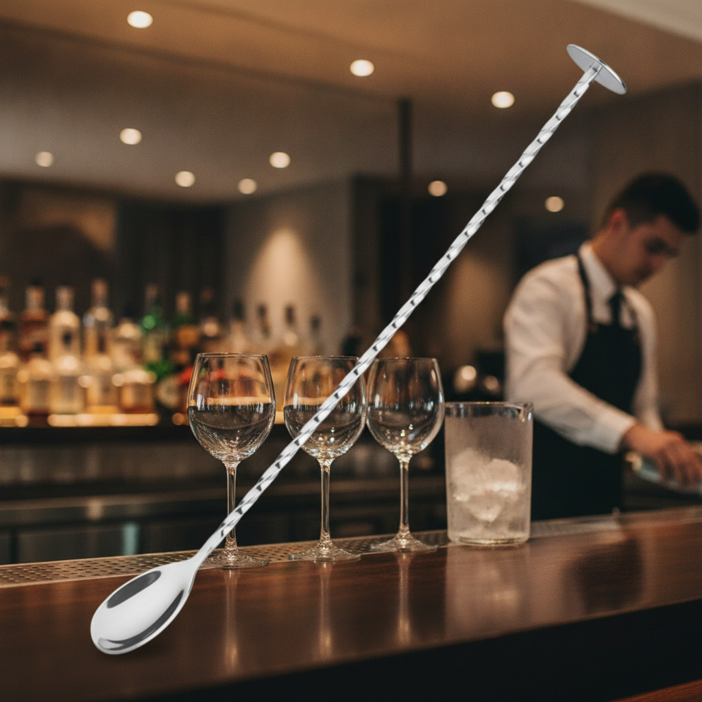 Stainless Steel Twisted Bar Spoon with Sugar Crusher 270mm for Cocktails