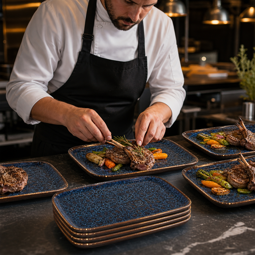 Deep Trays 260x180mm Blue Vitrified Ceramic for Catering (Pack of 6)