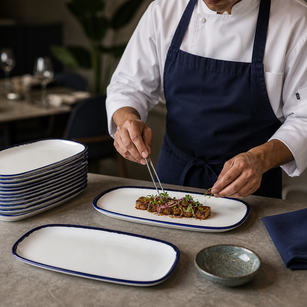 Hand-Finished Oblong Plates Blue Porcelain for Modern Dining (Pack of 12)