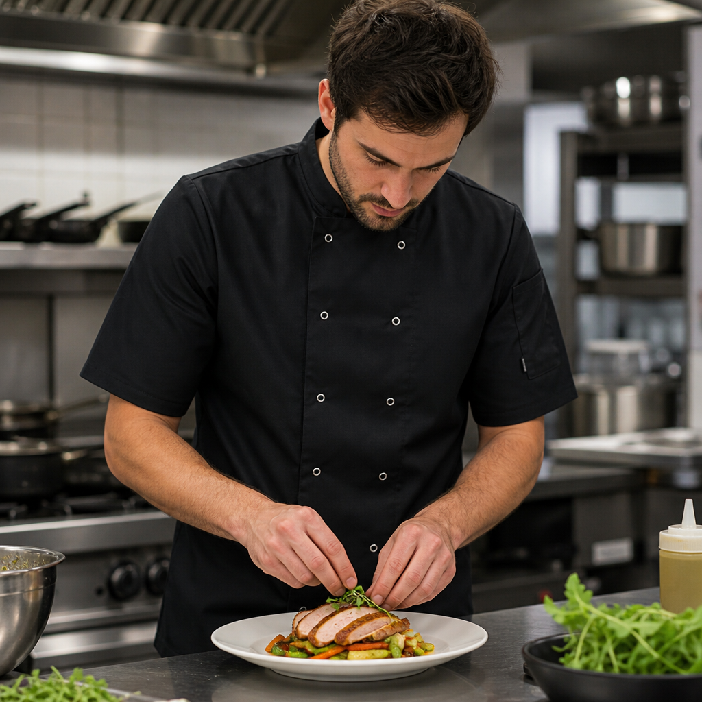 Short Sleeve Black Polycotton Chef Jacket for Professional Kitchens