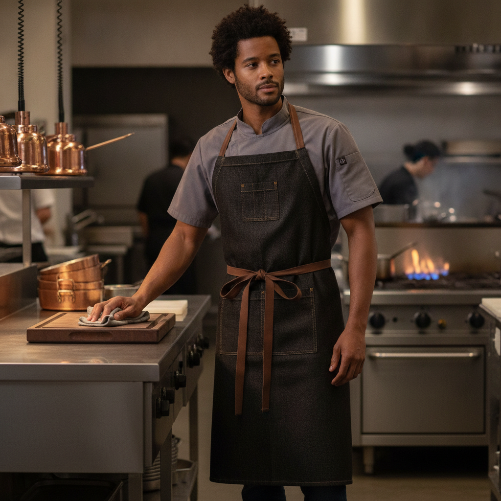 Denim Wide Bib Apron Black for Kitchen & Service