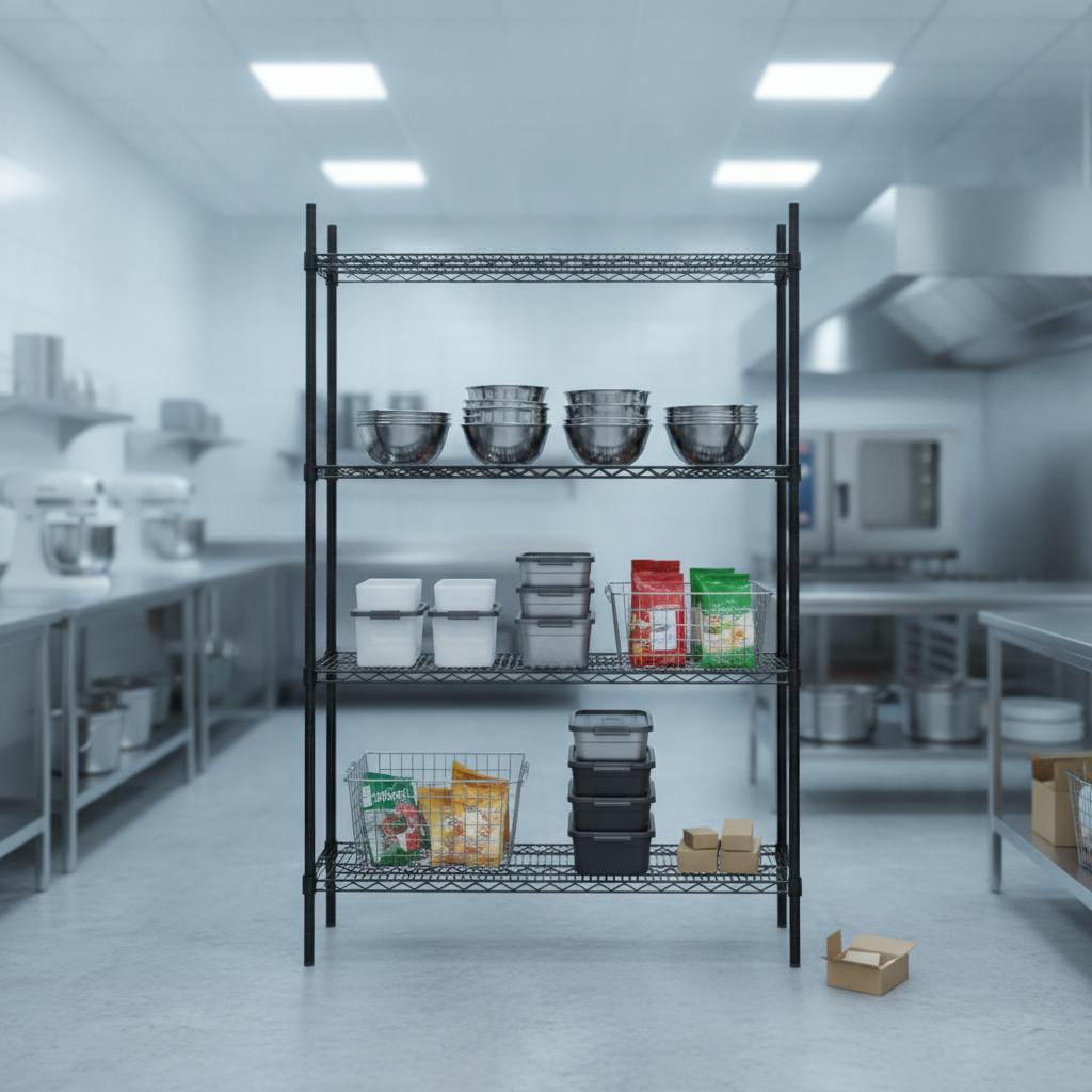 Iron Flat Pack 4 Shelf Unit Black for Commercial Kitchens