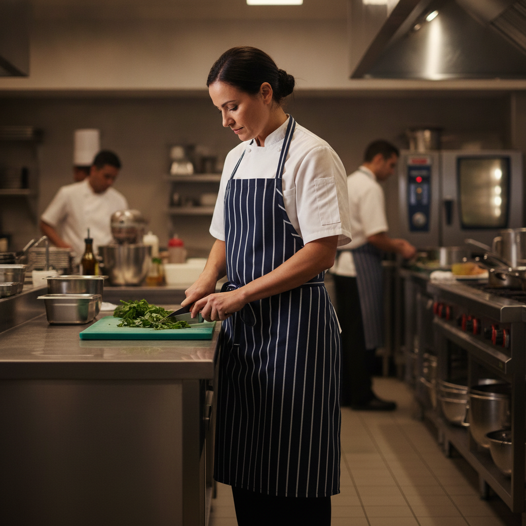 Polycotton Butcher's Stripe Bib Apron Navy for Busy Kitchens