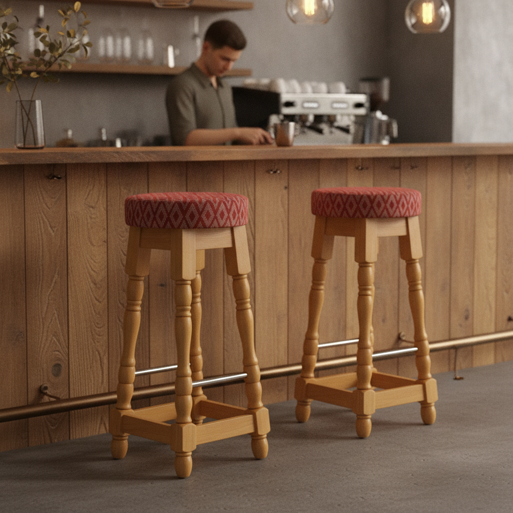 Rubber Wood High Bar Stools with Red Diamond Seat 770x345mm for Pubs & Cafés (Pack of 2)
