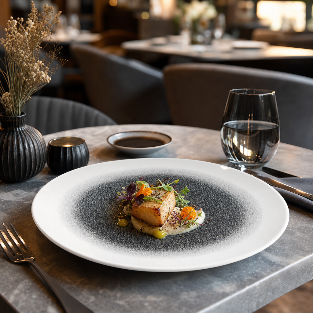 Round Trace Plates Black Porcelain for Elegant Dining (Pack of 12)