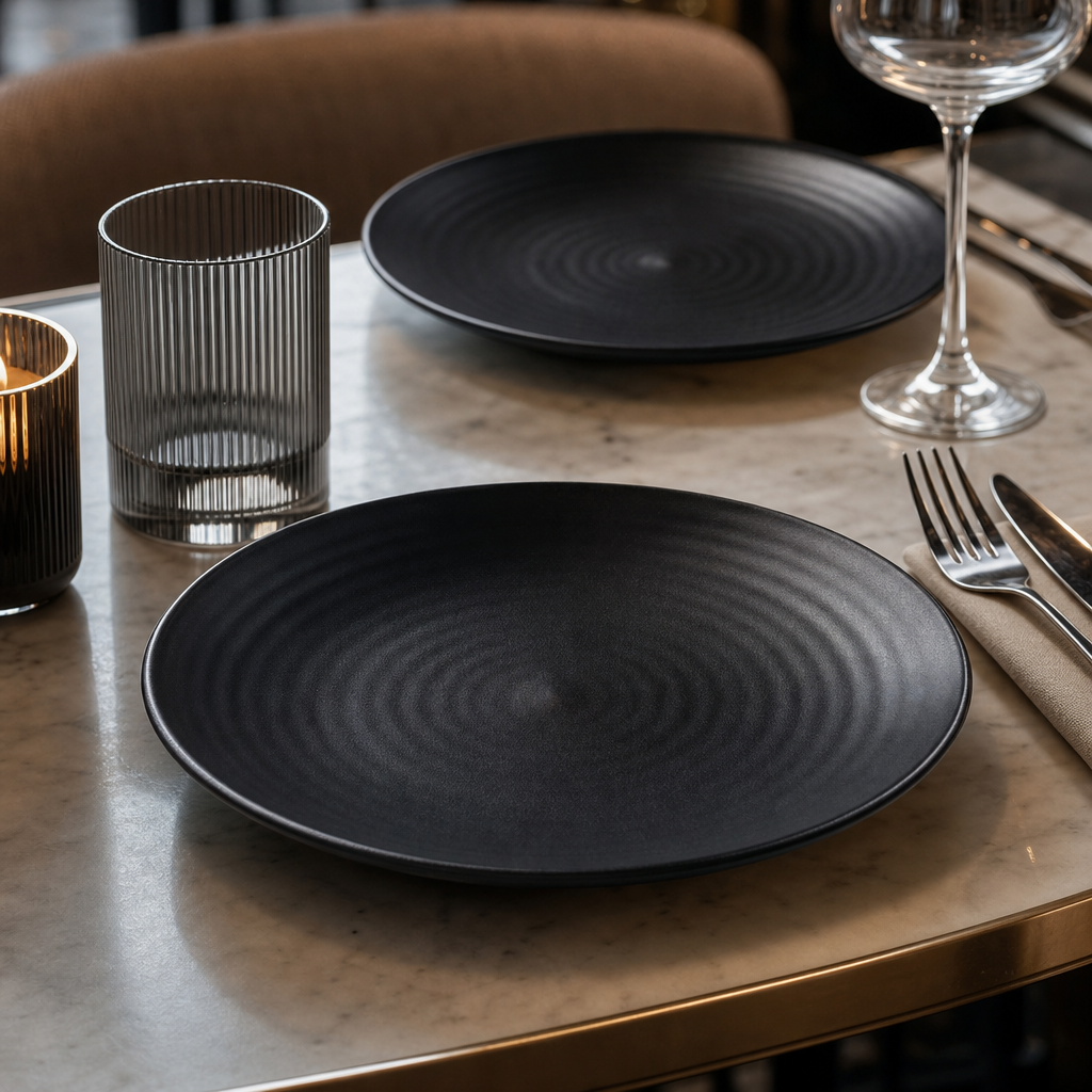 Coupe Plates 162mm Black Vitrified Stoneware for Elegant Dining (Pack of 6)
