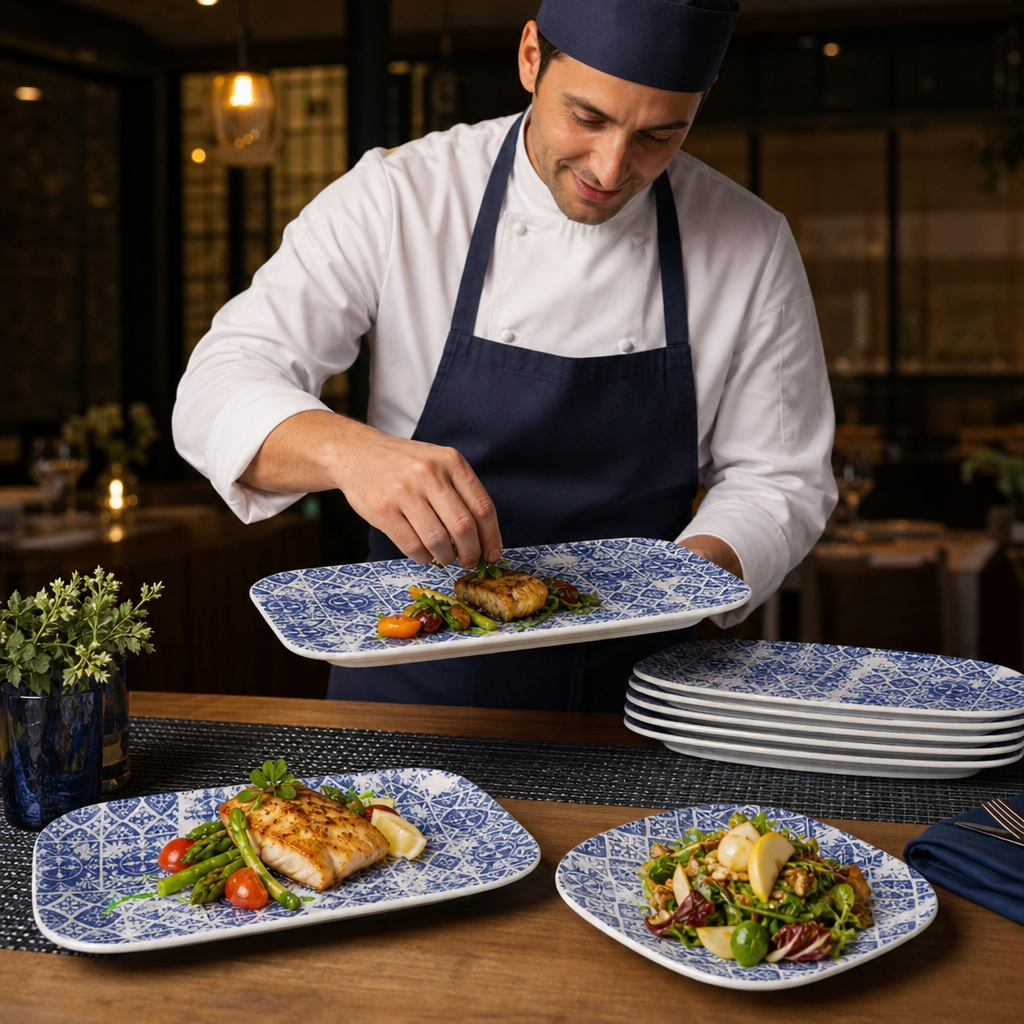 Organic Rectangular Platters Vitrified Blue Ceramic for Dining (Pack of 6)