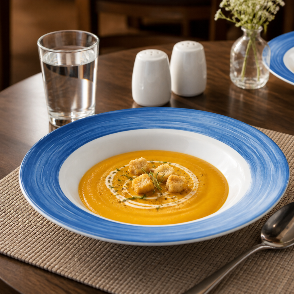 Opal Glass Soup Plates with Brush Stroke Rim 225mm for Healthcare Environments