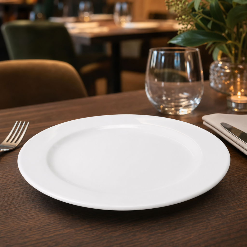 Wide Rim Plates 240mm White Porcelain for Restaurants & Cafés (Pack of 12)