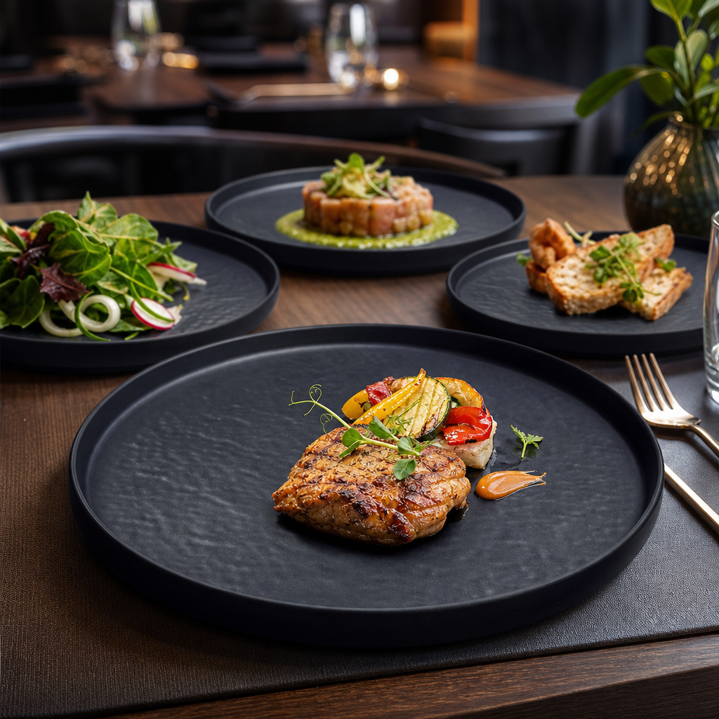 Round Plates Black Melamine for Buffet Presentations (Pack of 12)