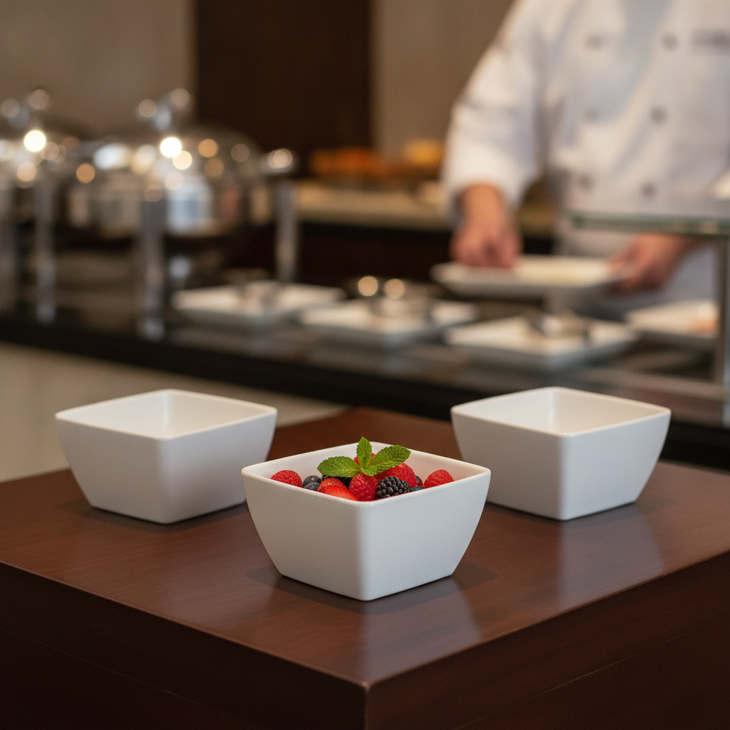 Melamine White Square Mini Bowl 140ml for Buffet Displays