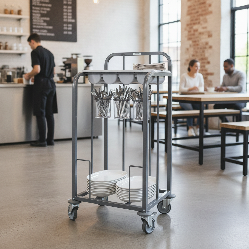 Steel Cutlery and Tray Dispense Trolley for Cafés & Restaurants