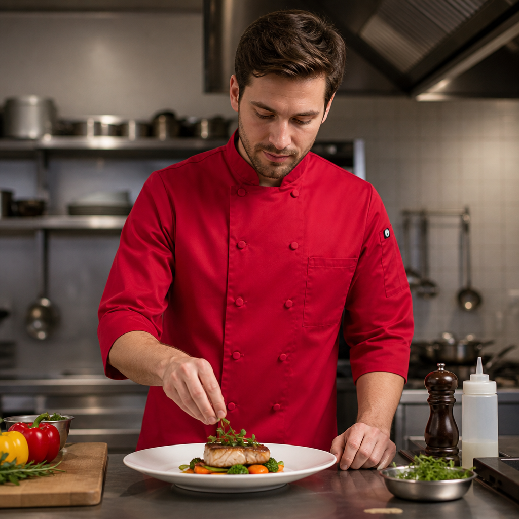 Red Polycotton Chef Jacket with Three-Quarter Sleeves for Professional Kitchens
