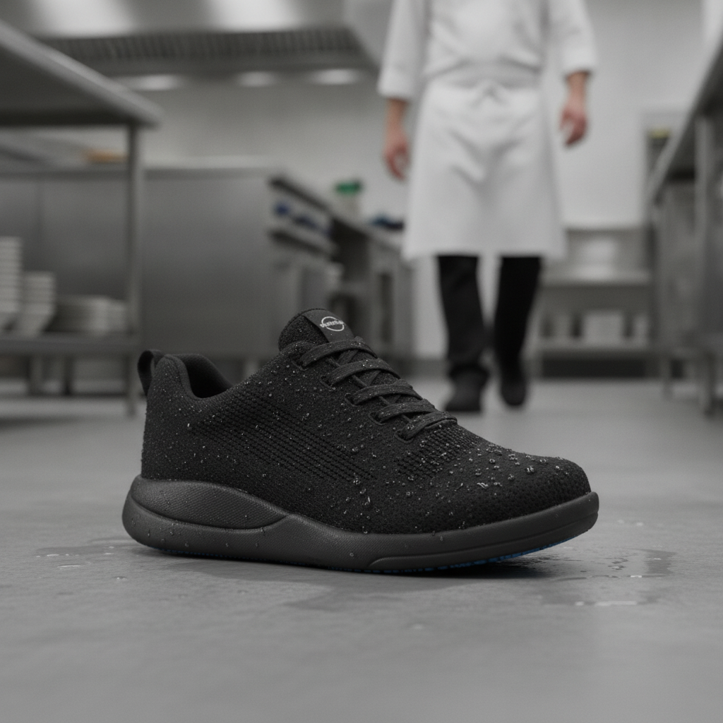 Waterproof Black Textile Trainers for Long Hours on Feet