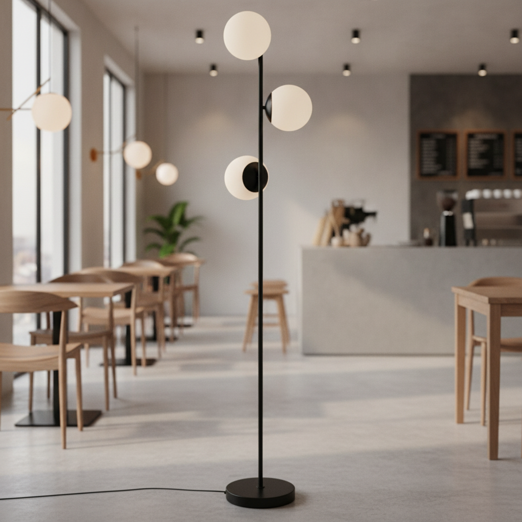 Metal Indoor Floor Lamp with Matte White Glass Globes for Restaurants & Cafés