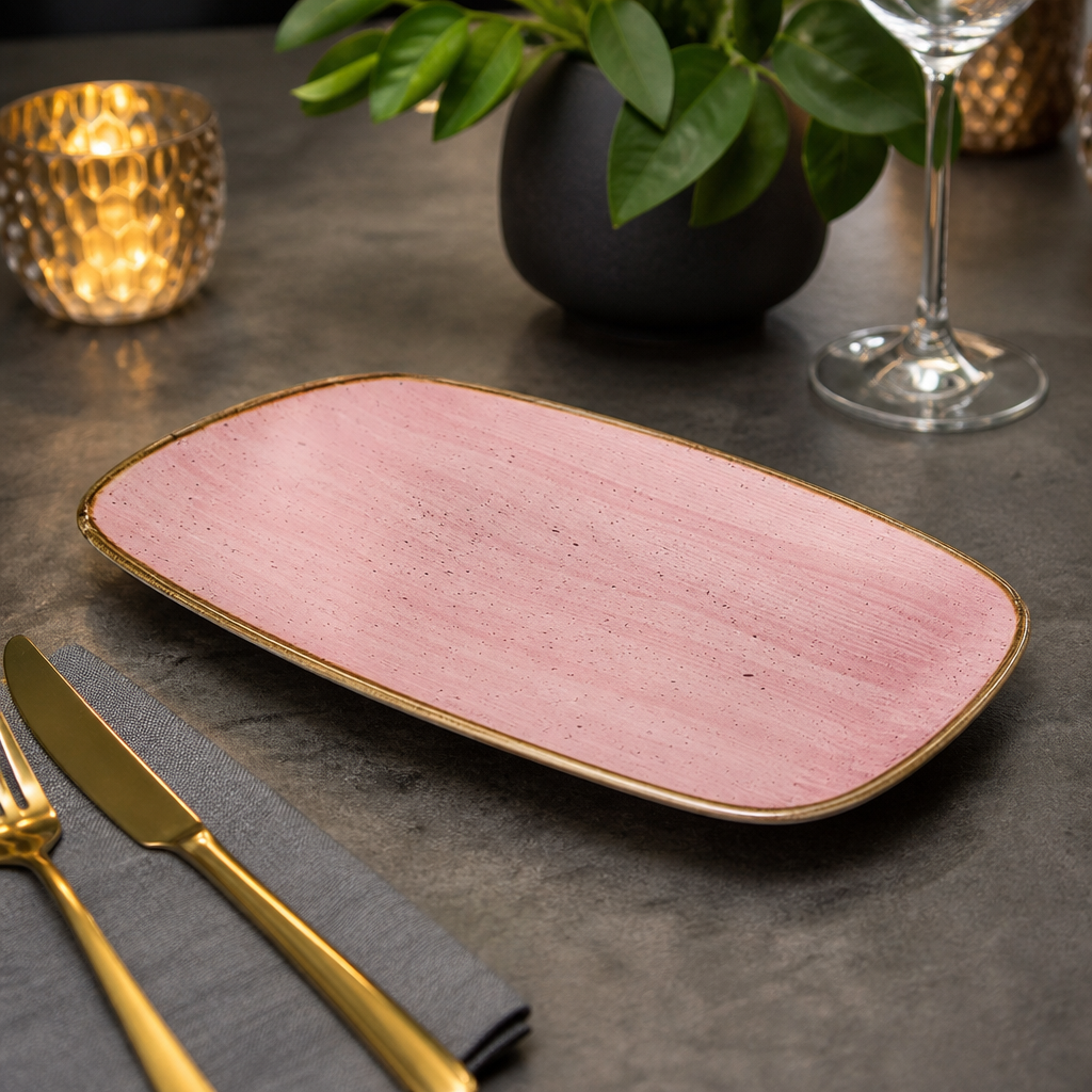 Oblong Plates Pink Vitrified Ceramic for Modern Table Settings (Pack of 12)
