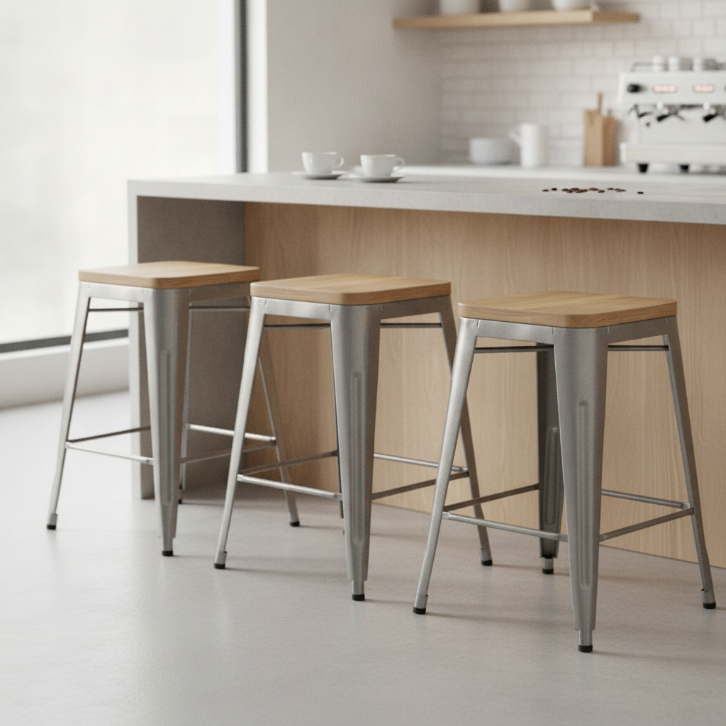 Steel and Ash Wood Bistro Low Stools 450x408mm for Bars & Cafés (Pack of 4)