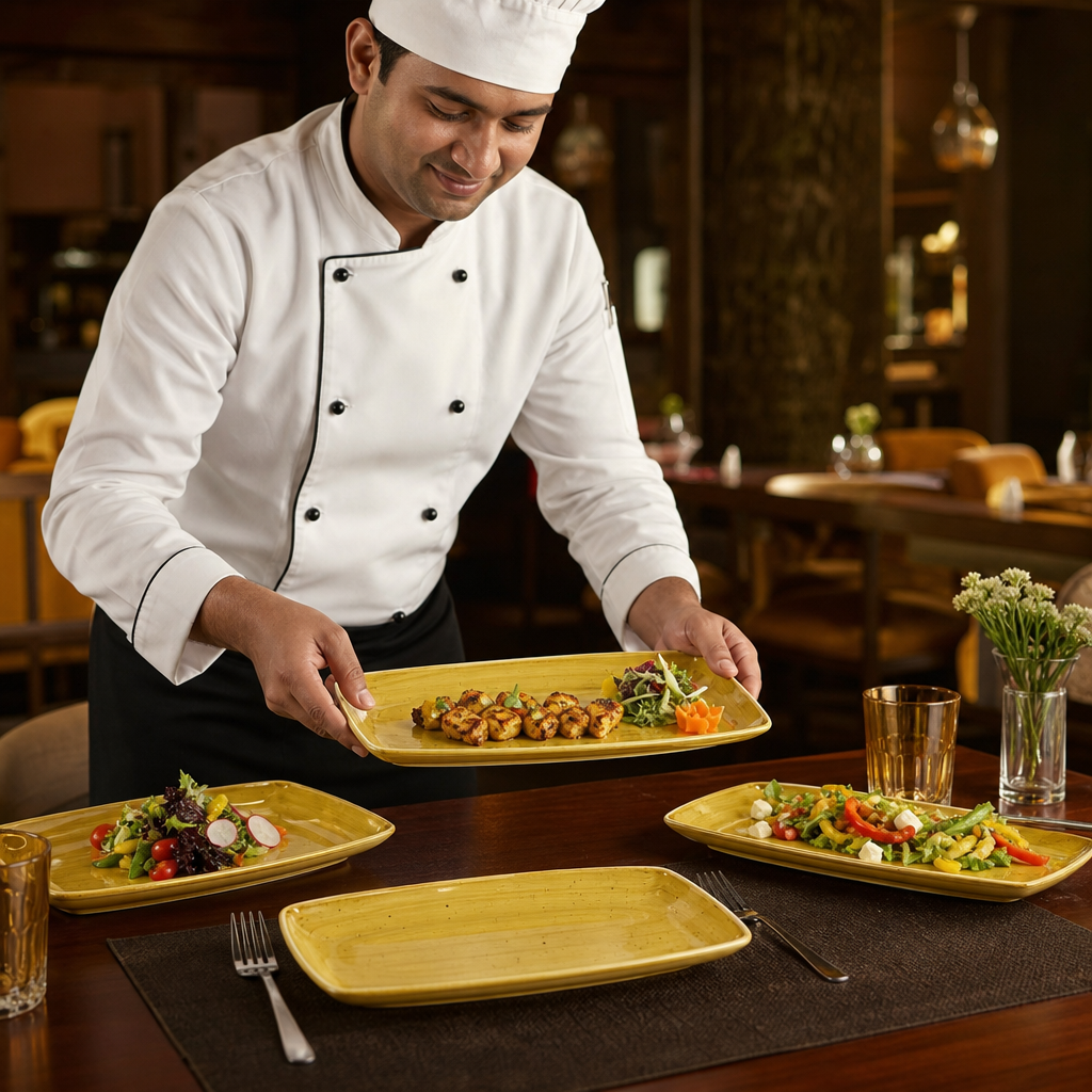 Rectangular Plates Mustard Vitrified Ceramic for Catering (Pack of 6)