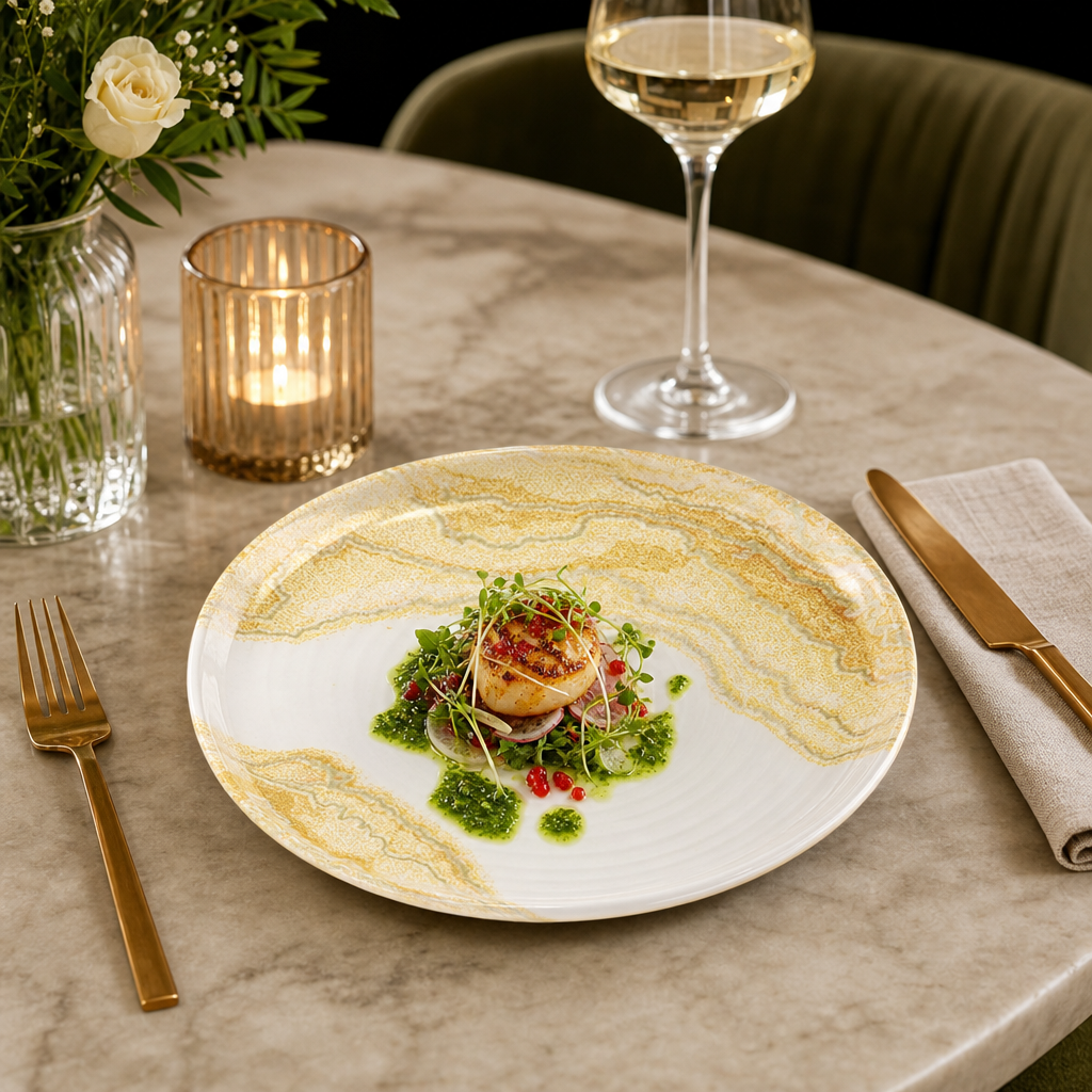 Organic Walled Plates 203mm Gold Vitrified Ceramic for Modern Hospitality (Pack of 6)