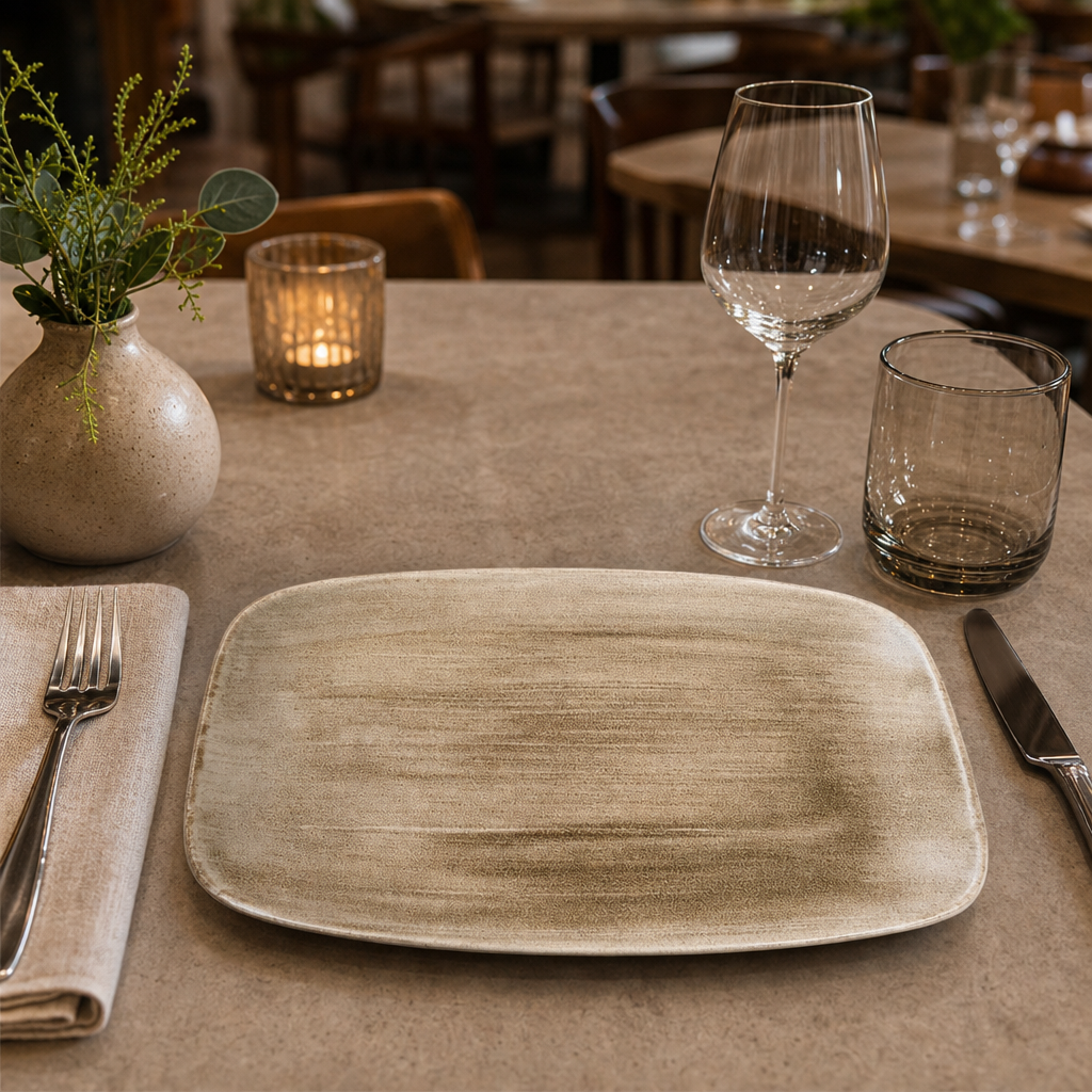 Oblong Plates Taupe Porcelain for Contemporary Dining (Pack of 6)