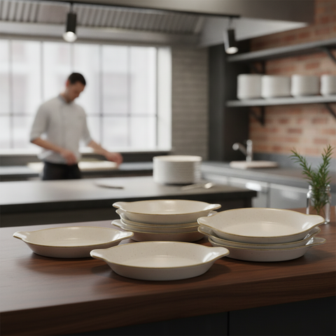 Super Vitrified Ceramic Round Eared Dish 215mm for Sharing