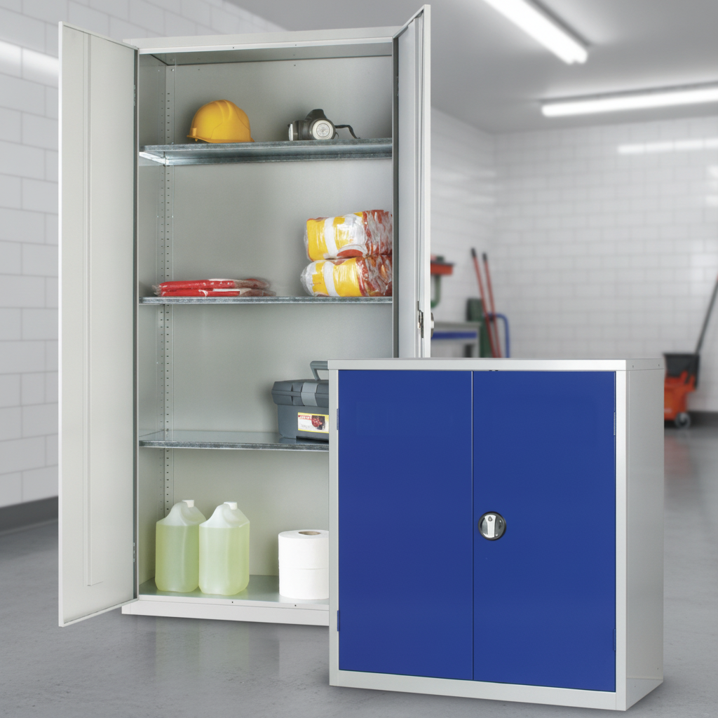 Mild Steel Lockable Cupboard with Blue Doors for Janitorial Use