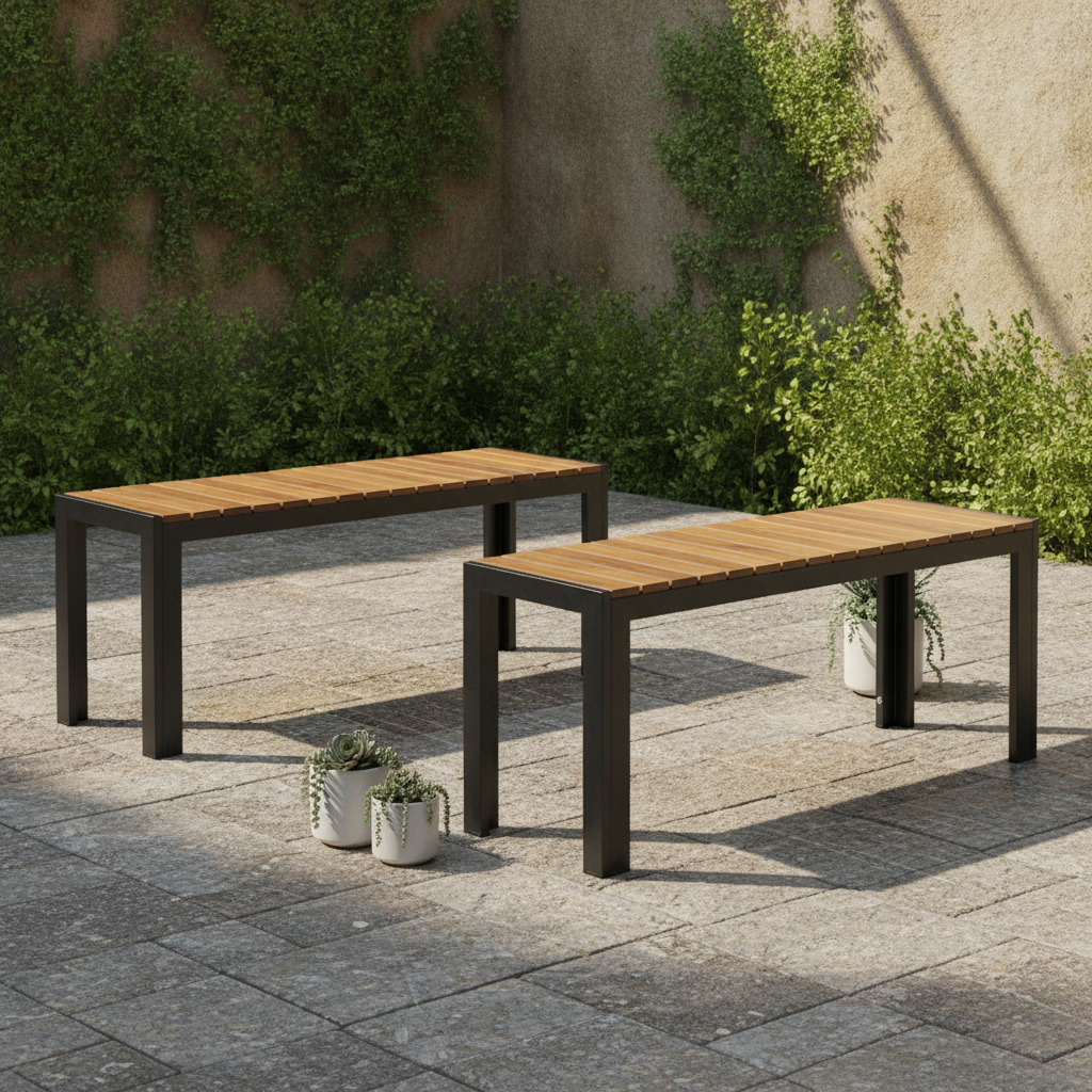 Acacia Wood & Powder-Coated Steel Rectangular Bench 1000mm for Outdoor Seating (Pack of 2)