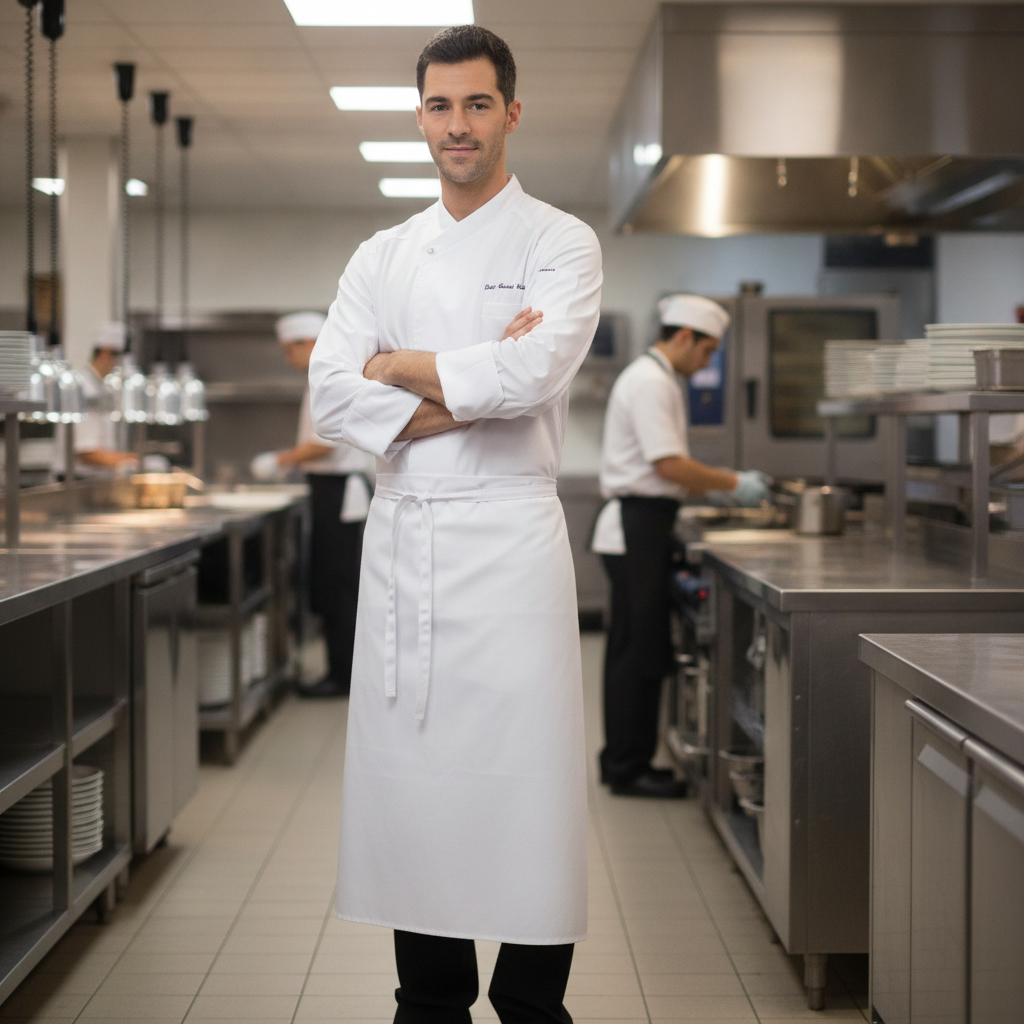 Polycotton White 4-Way Long Waist Apron for Commercial Kitchens