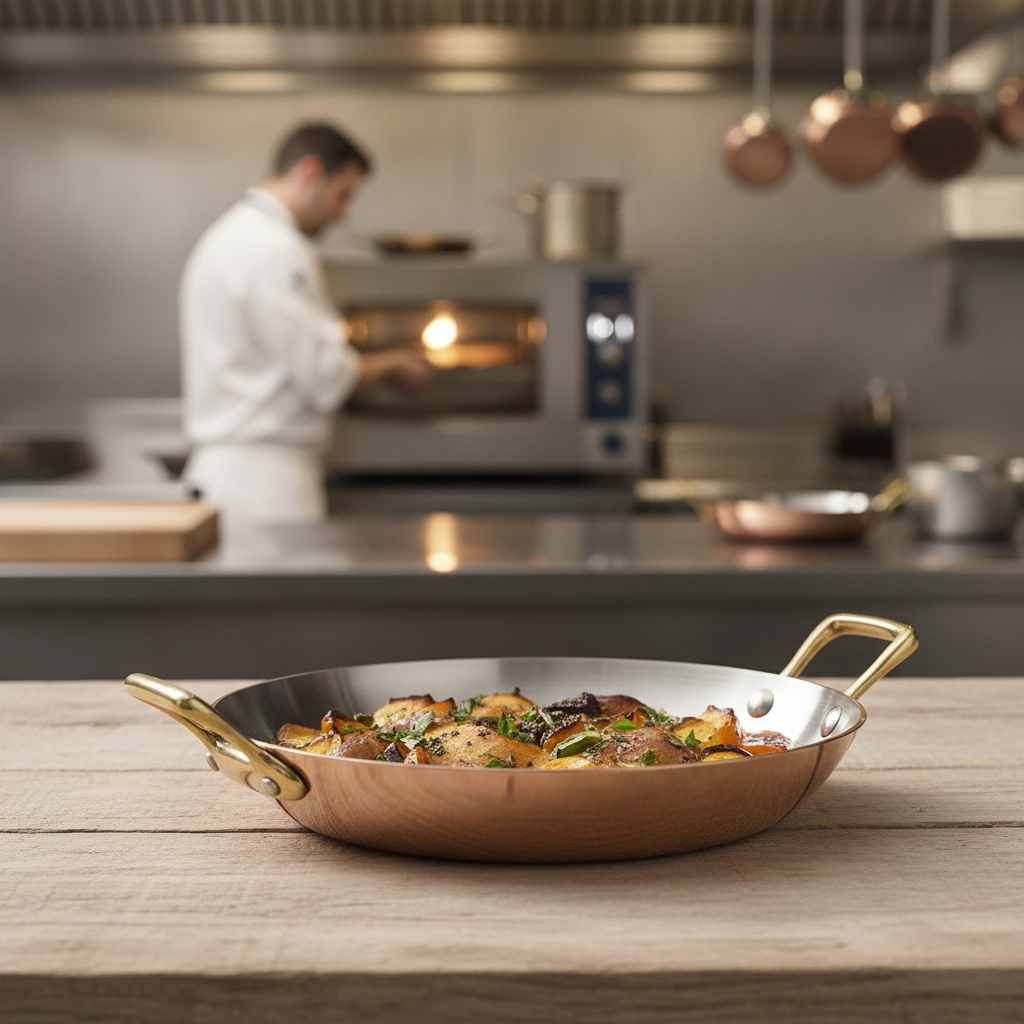 Copper Round Dish with Brass Handles 20cm for Oven-to-Table Presentation