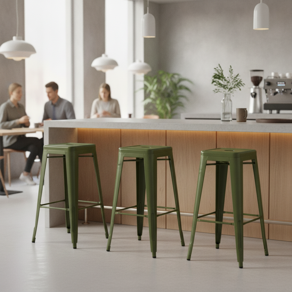 Powder-Coated Steel Olive Green High Stools 770mm for Cafes & Bistros (Pack of 4)