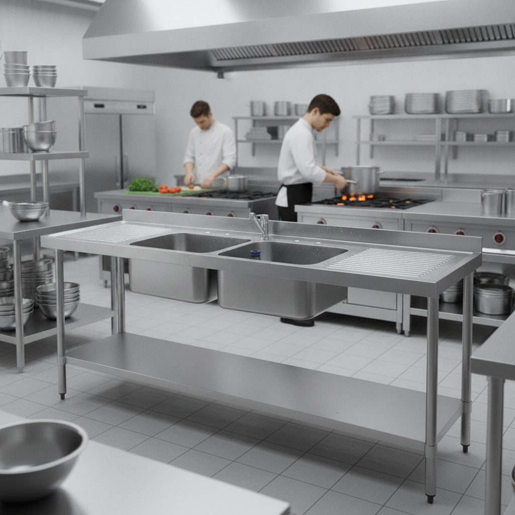 Stainless Steel Double Sink with Double Drainer 2100mm for Kitchen Use