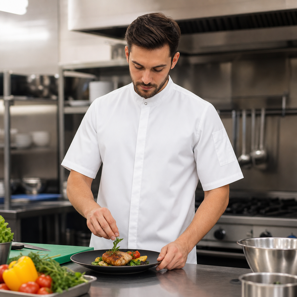 Unisex Chef Jacket with Band Collar in White for Professional Kitchens
