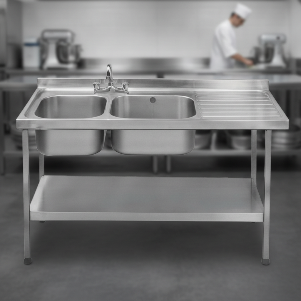 304 Stainless Steel Double Sink with Right Hand Drainer 1500mm for Professional Kitchens