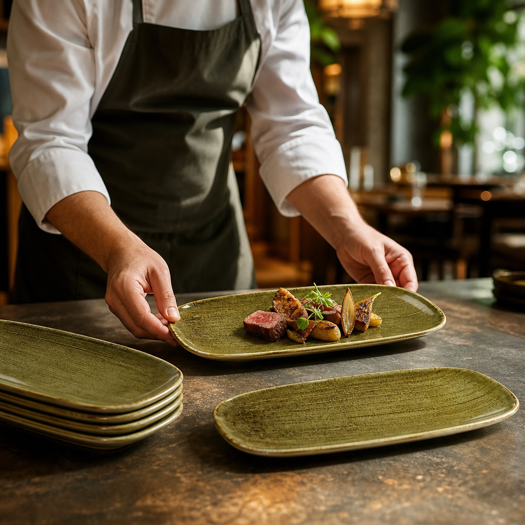 Olive Chefs' Oblong Plates Vitrified Porcelain for Catering & Hospitality (Pack of 12)