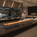 Oak Wood and Stainless Steel Extra Large Low Presentation Table for Buffet Displays