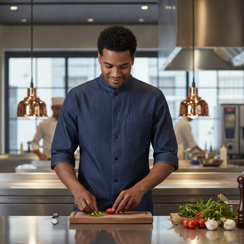 Denim Chef Shirt Size L for Open Kitchens