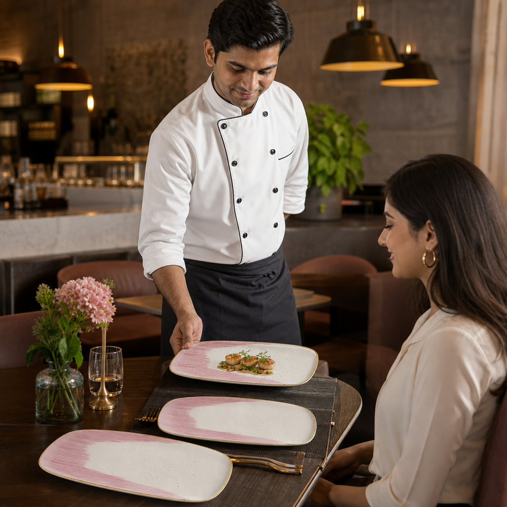 Oblong Plates Pink Vitrified Ceramic for Dining (Pack of 6)