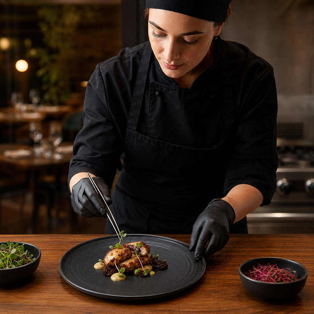 Textured Flat Round Plates 270mm Black Porcelain for Restaurants (Pack of 4)