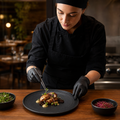 Textured Flat Round Plates 270mm Black Porcelain for Restaurants (Pack of 4)