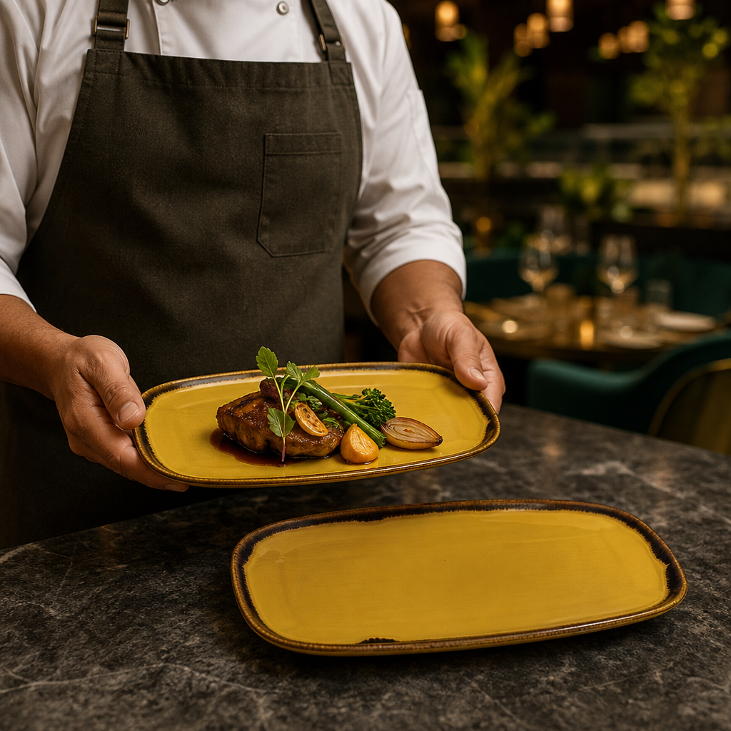 Hand-Finished Oblong Plates Mustard Vitrified Porcelain for Modern Dining (Pack of 12)