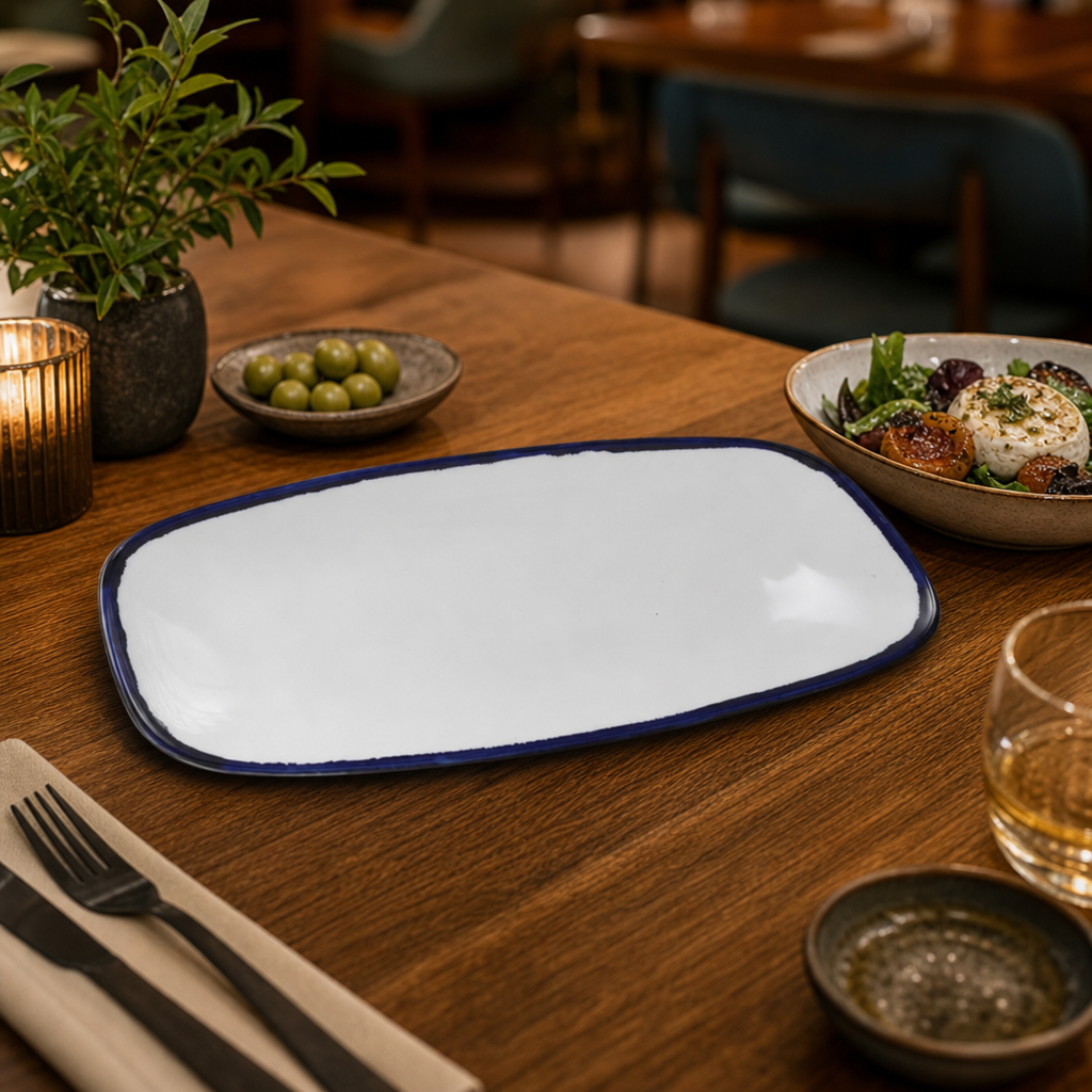 Hand-Finished Oblong Plates Blue Porcelain for Restaurants & Cafés (Pack of 6)