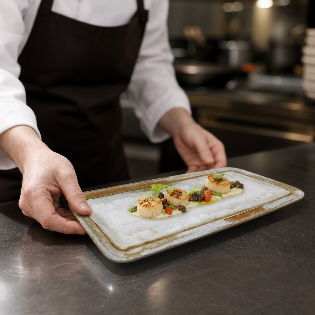 Organic Rectangular Plates 340x156mm Vitrified Ceramic for Casual Dining (Pack of 12)