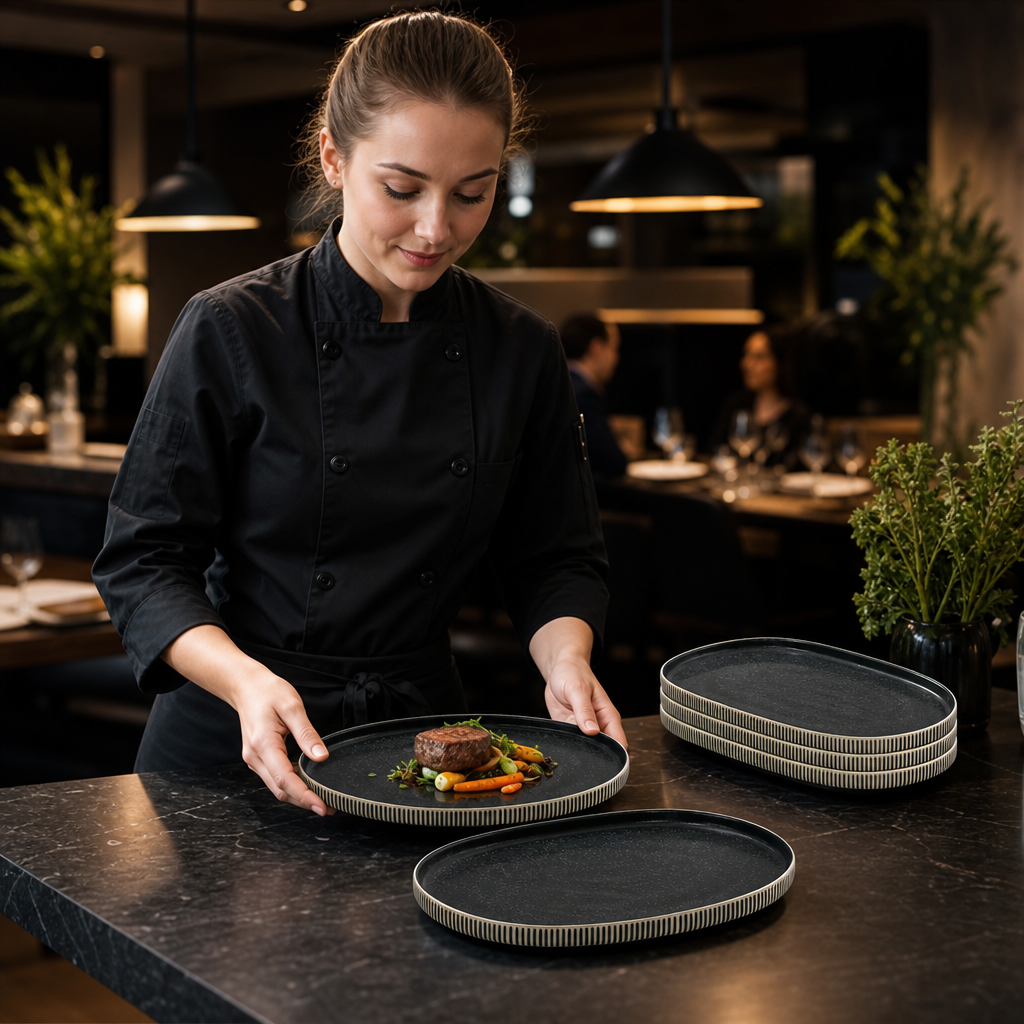 Black & Oval Plates 300x200mm White Stoneware for Modern Dining (Pack of 6)