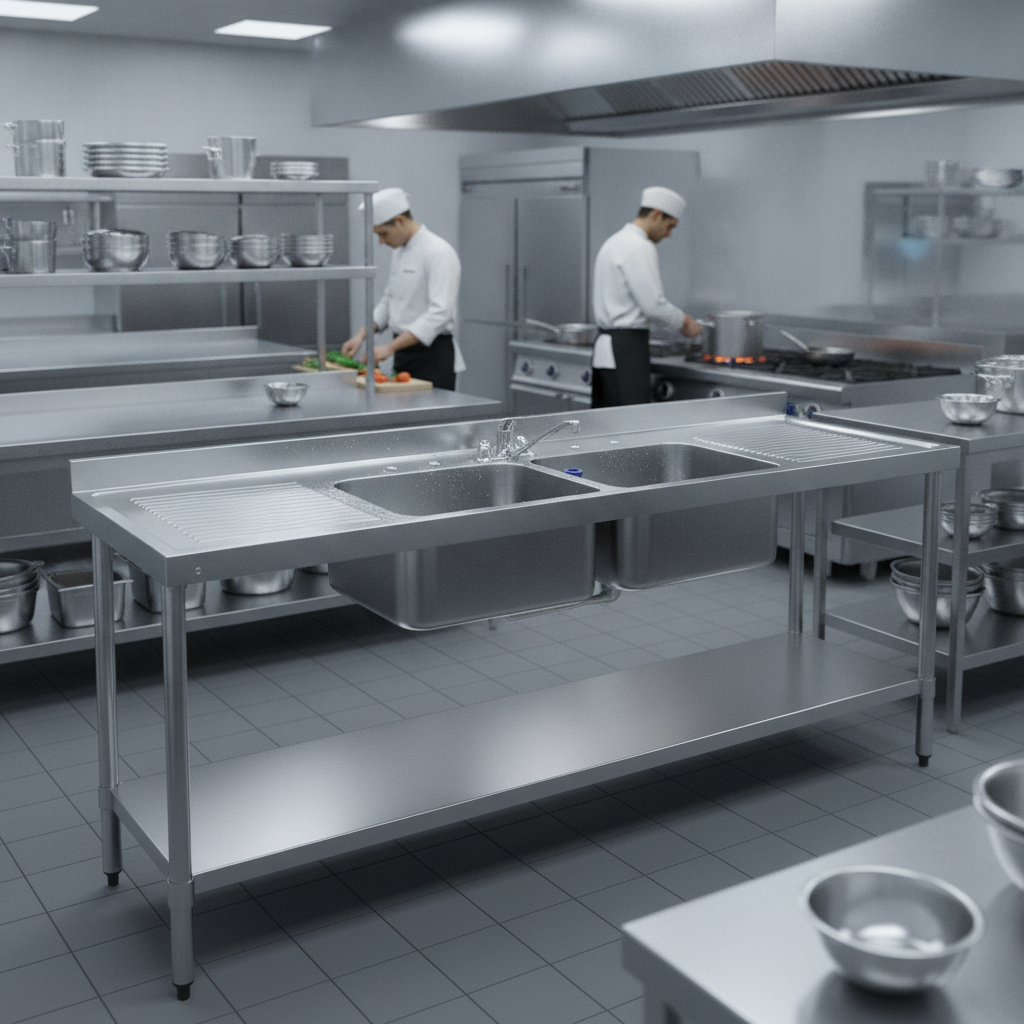 Stainless Steel Double Sink with Double Drainer 2100mm for Kitchen Use