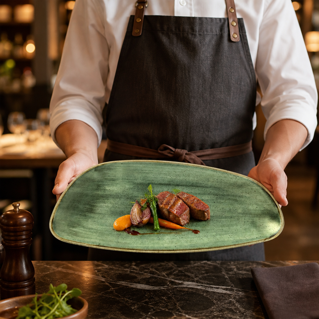 Oval Chefs Plates 300mm Green Vitrified Ceramic for Modern Tabletop Presentation (Pack of 12)