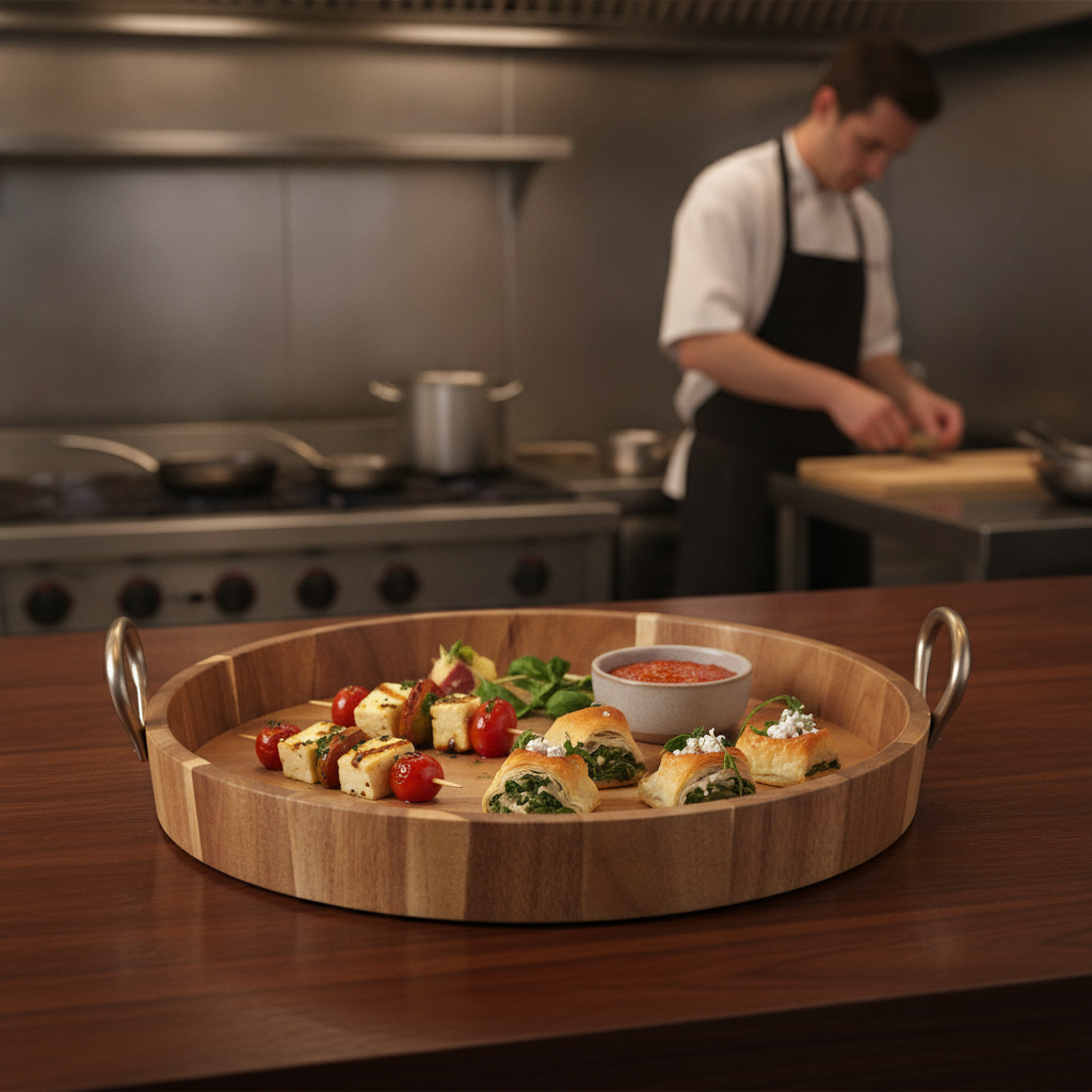 Acacia Wood Round Serving Tray with Metal Handles 100mm for Catering