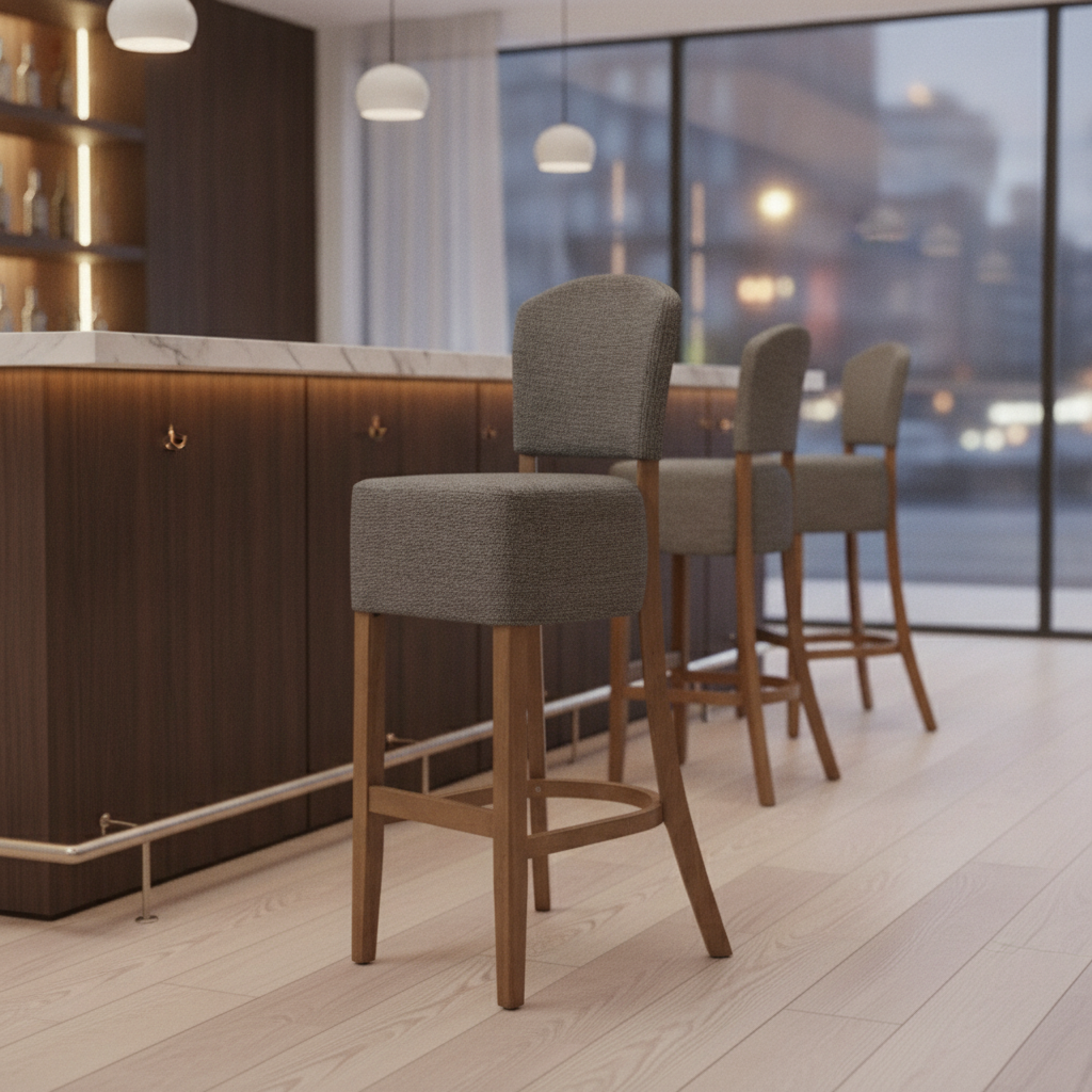 Rubber Wood Bar Chair with Grey Upholstery 1175mm for Commercial Use