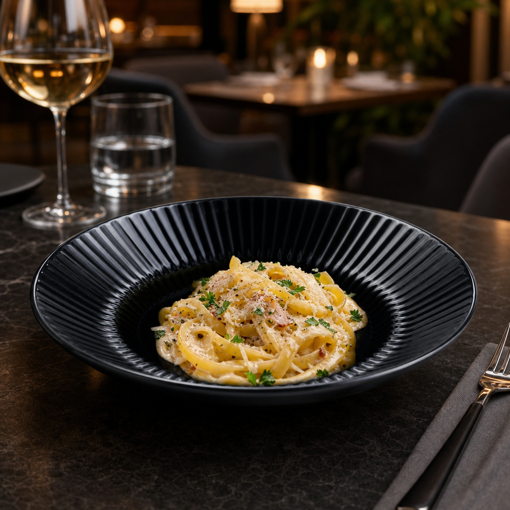 Black Rimless Pasta and Soup Bowls 220mm for Casual Dining